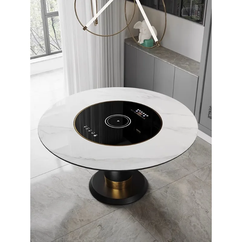 

Imported rock plate dining table, circular household induction cooker with embedded insulation turntable, luxurious Italian