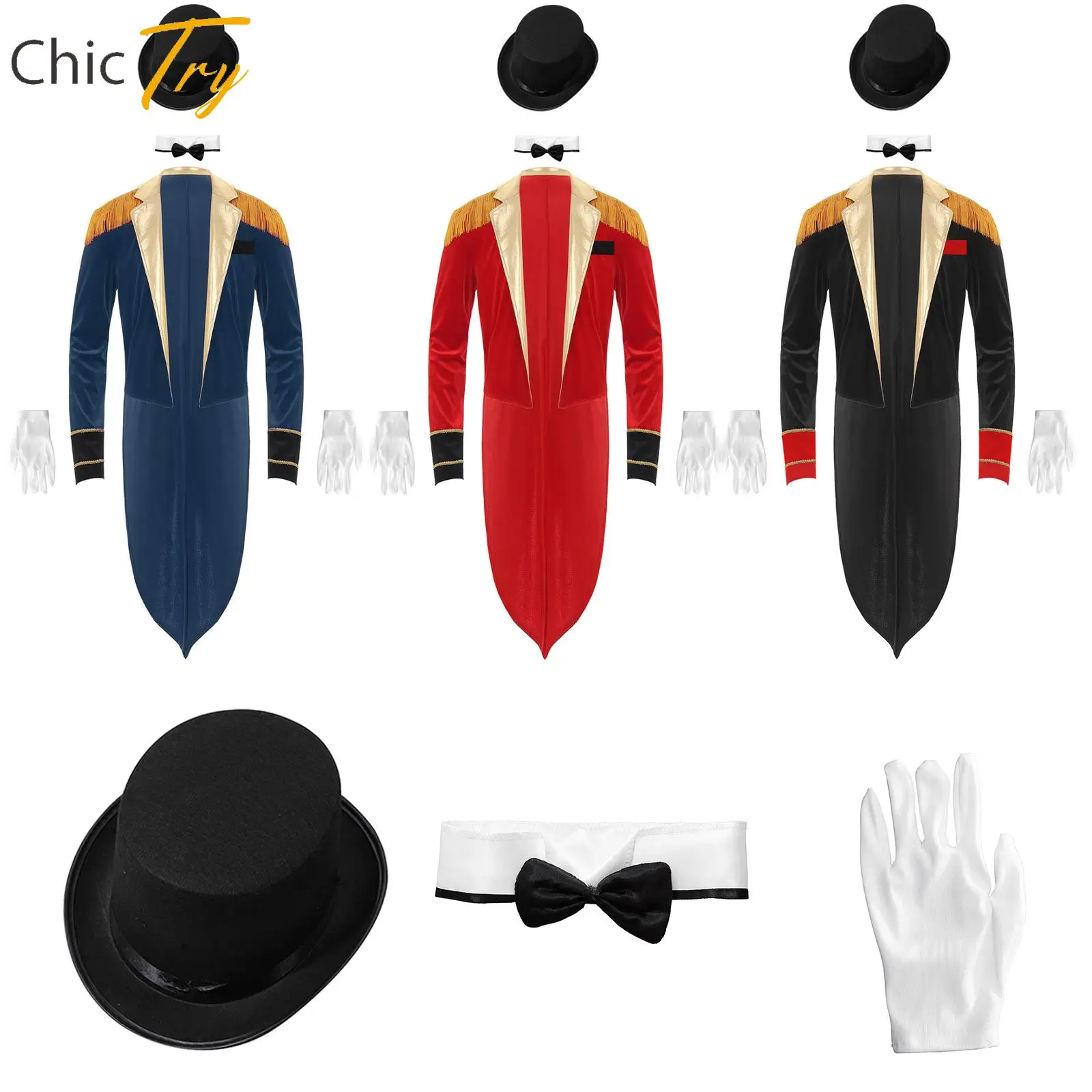

Circus Ringmaster Outfit for Men Long Sleeve Jacket Accessories Set Carnival Cosplay Halloween Party Performance Fashion Costume