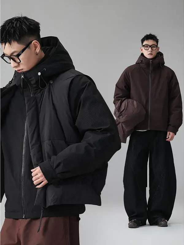 

True Two-Piece Men's Winter Jaet Vest Outerwear White Du down Hooded Coat Thi Warm Ci Casual Sle 3D Stereo Design