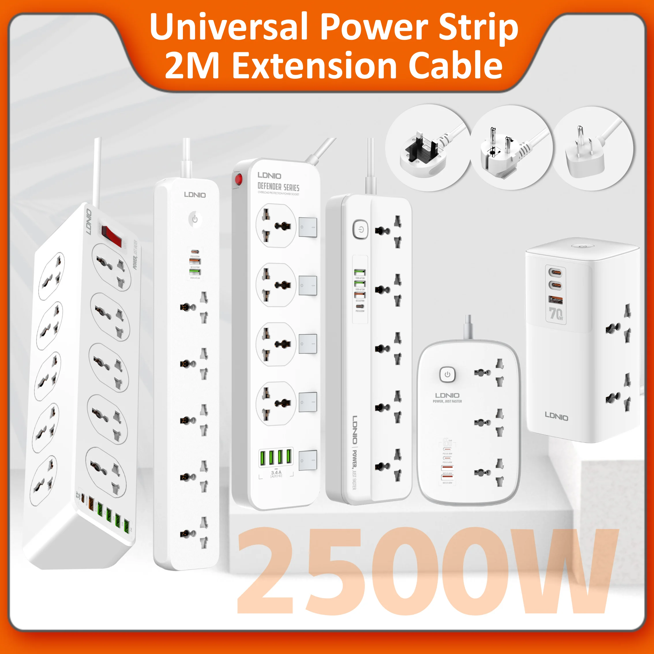 Power Multi Tap Universal Plug EU US UK Outlet Listwa zasilająca z 2-metrowym przedłużaczem AC Typ C Port USB Ładowanie Gniazdo elektryczne