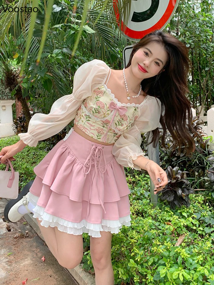 Kawaii Lolita Skirt Set Women Elegant Puff Sleeve Bow Floral Blouse Sweet Pink Ruffles Mini Skirt Suit Korean Style 2 Piece Sets