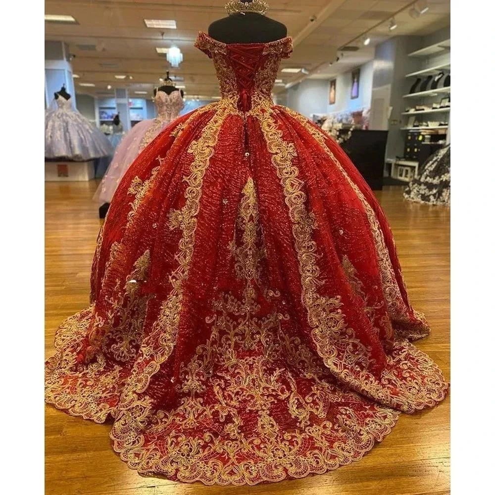 ANGELSBRIDEP Glittering Red Off-Shoulder Quinceanera Dress Gold Beading Lace Princess Cinderella Birthday Vestidos De 15 Anos