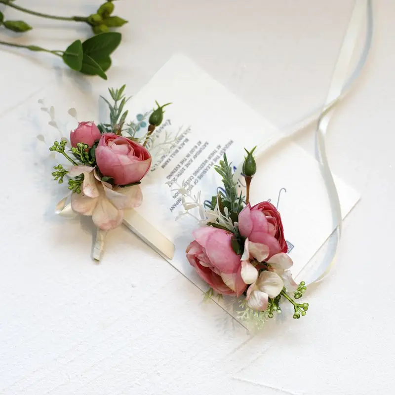 Roze Bruidegom Corsage Bruiloft Boutonniere Roze Broche Bloemen Bruidsmeisje Pin Voor Gasten Huwelijk Accessoires Foto Rekwisieten Voor Gasten