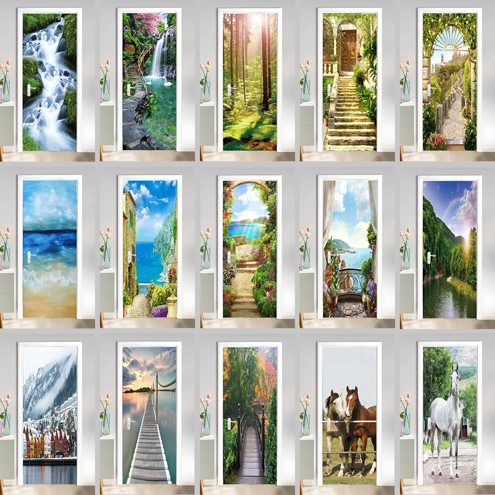 29 Styles Scenery Door Mural Sticker Self Adhesive Door Wrap Cover Horse Forest Bridge 3D Poster for Fridge Elevator Cabinet