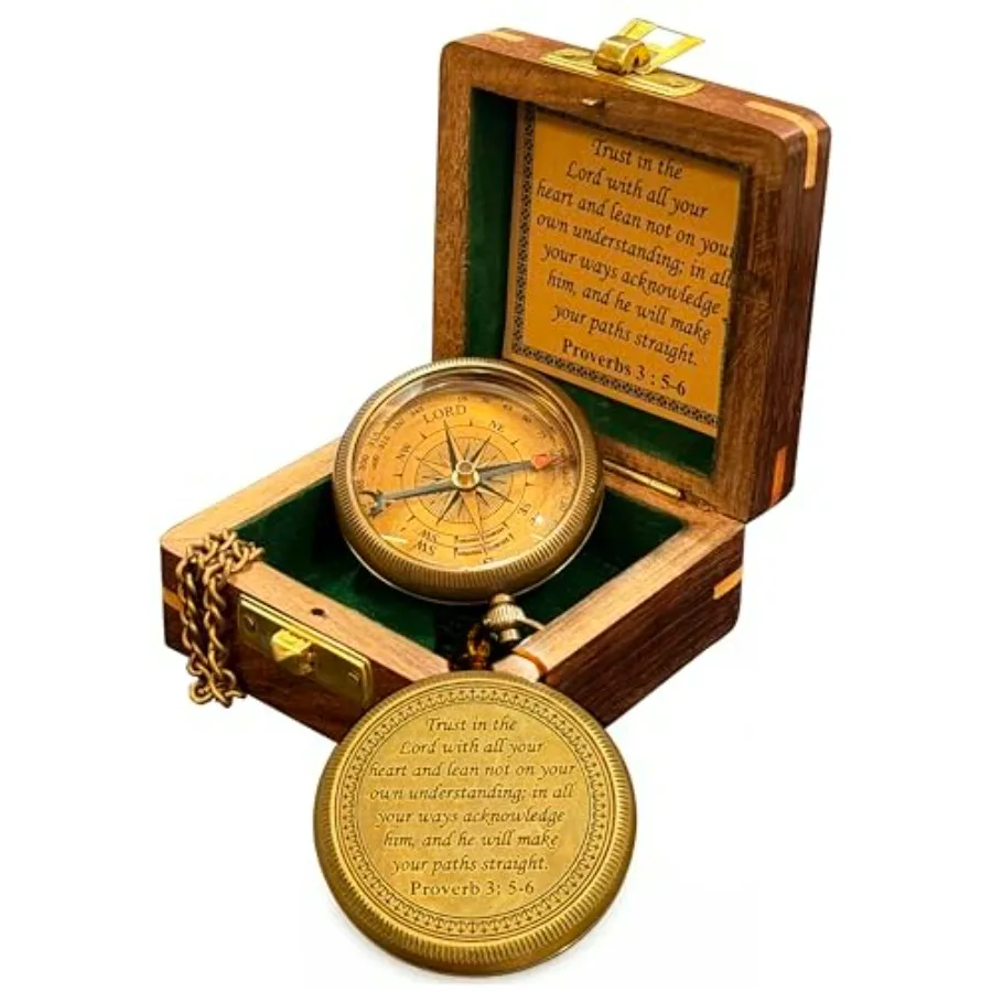 

Trust in The Lord with All Your Heart Proverbs 3:5-6 Quote Engraved Compass with Wooden Box, Graduation Religious Gift for Men