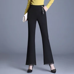 Pantalones acampanados de cintura alta para mujer, cintura elástica, bolsillo sólido, encaje dividido, Delgado, oficina, moda de temperamento, primavera y verano