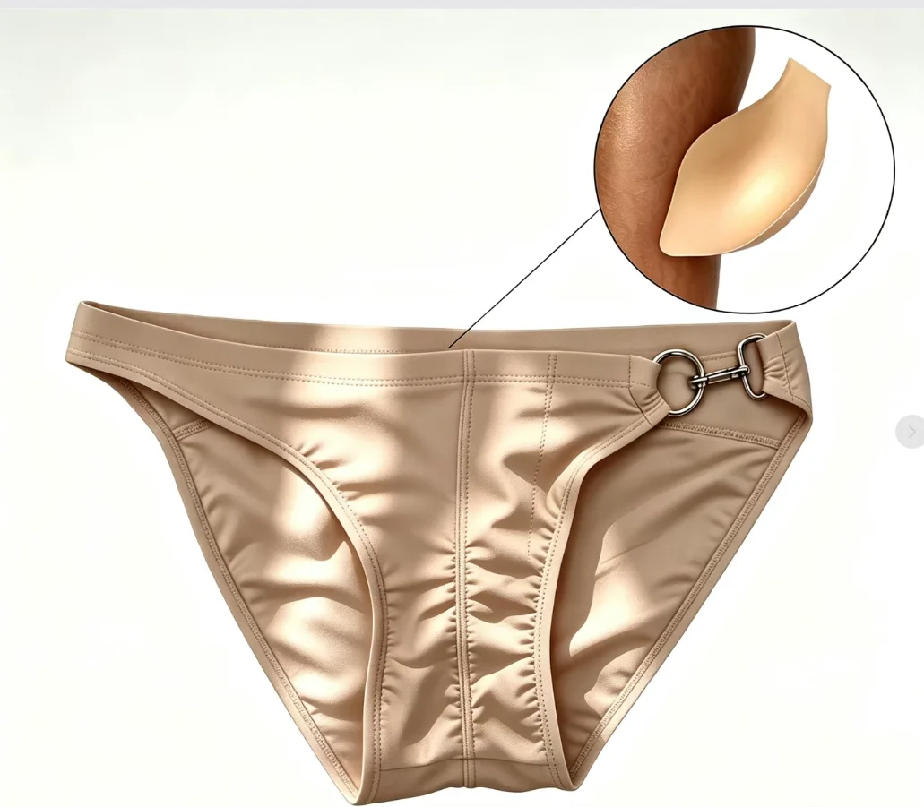 2026 Fashion Solid Color Men's unilateral metal buckle fashion swimming pants solid color low-rise briefs with split ends 10097
