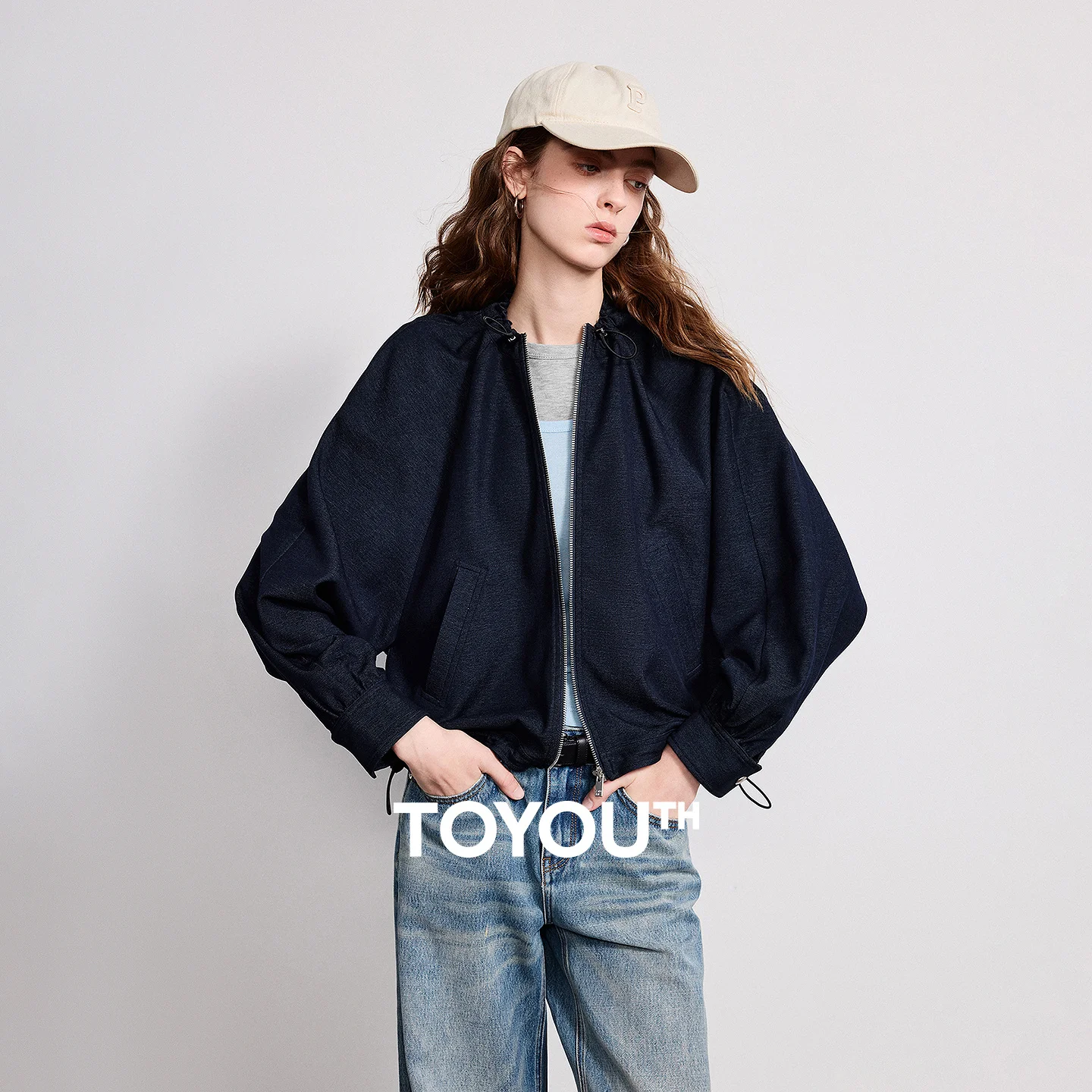 

Женская куртка TOYOUTH 2026: Новинка Весны, Ретро-стиль, Имитация денима, Воротник-стойка, Рукава реглан, Легкая куртка-топ