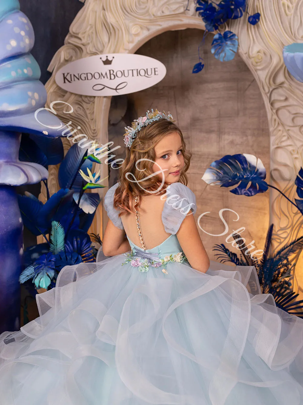 Robe de demoiselle d'honneur pour mariage, bleu clair, en Tulle, bouffante, avec des appliques superposées, pour fête d'anniversaire pour enfants, robes de bal de première Communion personnalisées