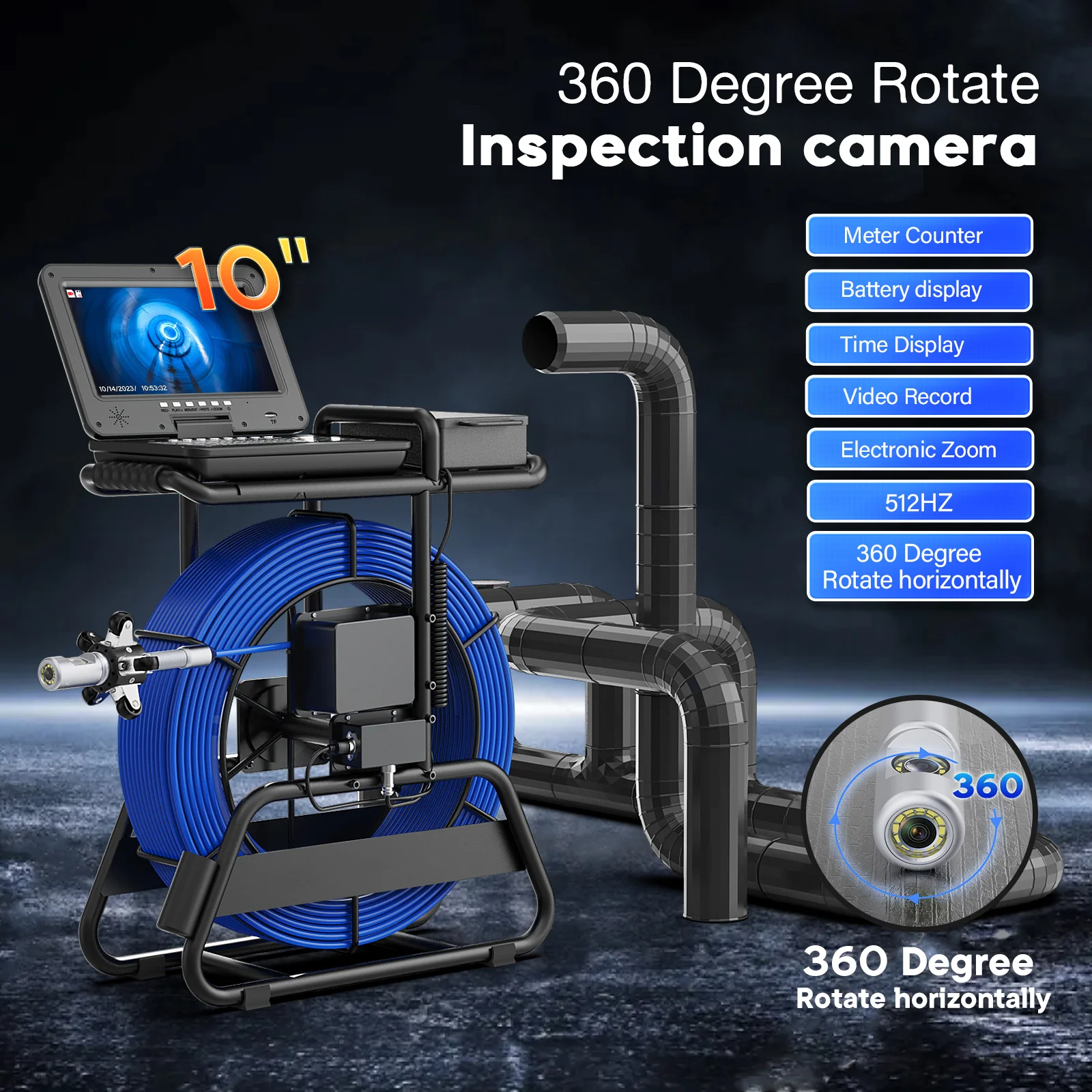 MAOTEWANG Sewer Camera Inspection 360 degrees 10″inch IPS+Cable diameter ø7mm+512HZ Transmitter Locator+Meter Counter+Keyboard