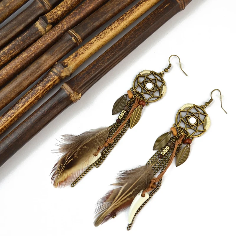 Boho Ethnic Dream Catcher Feather Antique Long Hook Earrings Fancy Handmade Chain Tassle Earring For Women Jewelry