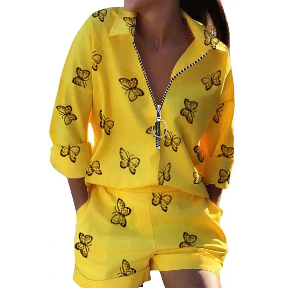 

Women Two Piece Outfit Stylish Printed Shirt Shorts Set with Zipper Lapel Soft Pockets High Waist Lady Top Shorts Suit for Women