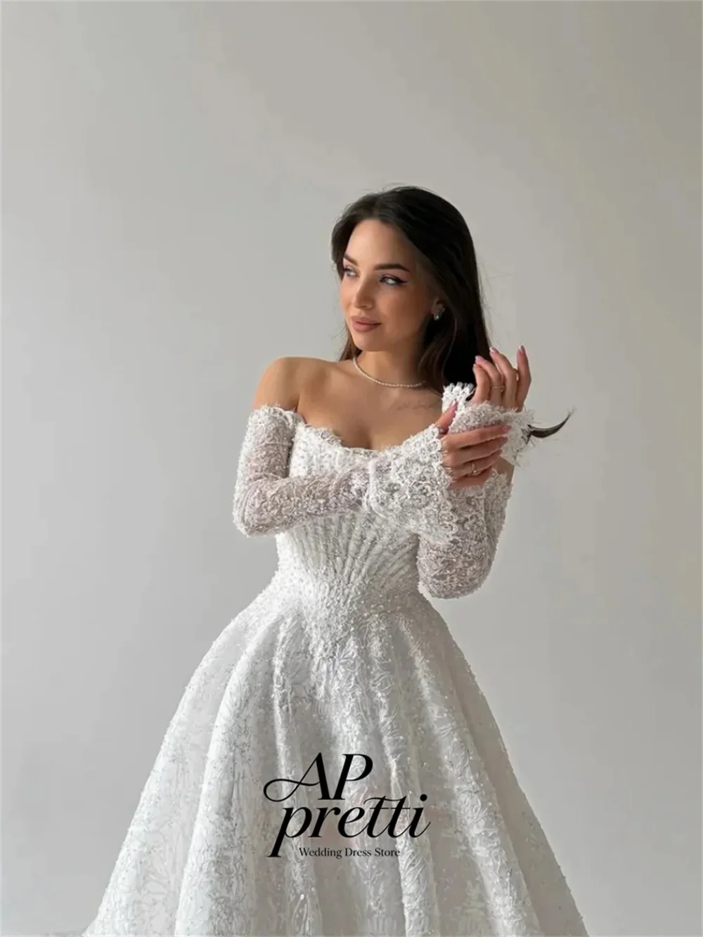 AP pretti Glamorous Off The Shoulder Long Sleeves Wedding Dresses For Woman Lace Beading A-Line Bridal Gown Customized 2026