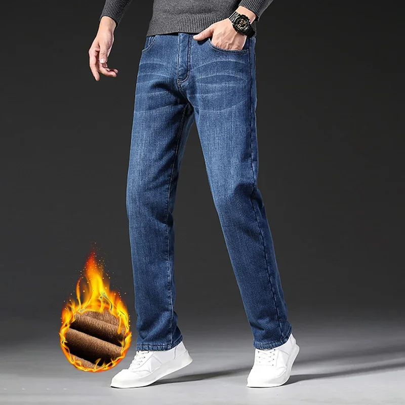 Calça jeans stretch grossa micro grossa de lã para homens, calça térmica stretch, casual de negócios clássico, nova marca, inverno, 2023