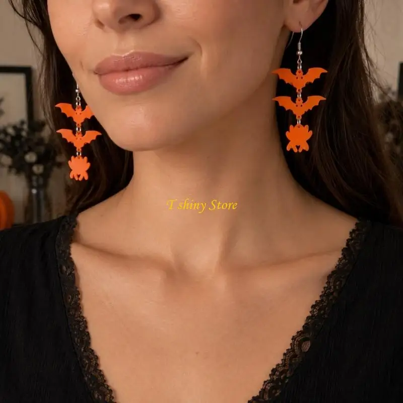 N58F Party Ready Halloween Earrings Acrylic Drop Pair with Bat and Spiders Design for Dress-Up Styling, Fall Photos and