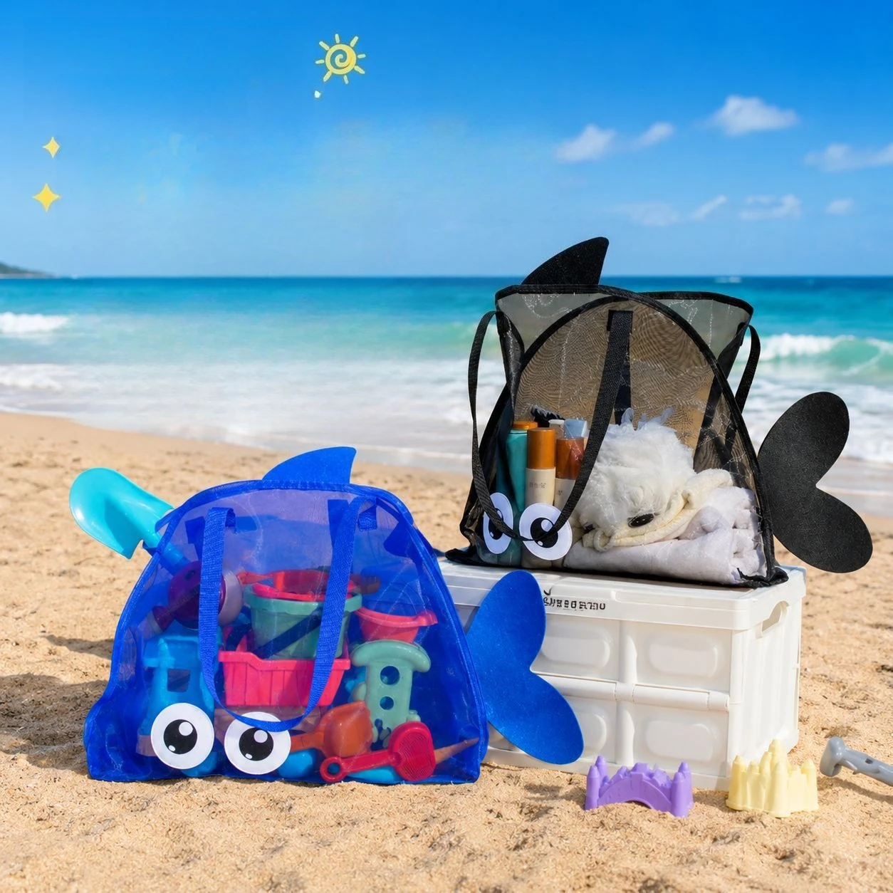 Large Capacity Mesh Toy Storage Bag, Beach Shoulder Tote for Kids Toys, Foldable Outdoor Swim Bag for Adults