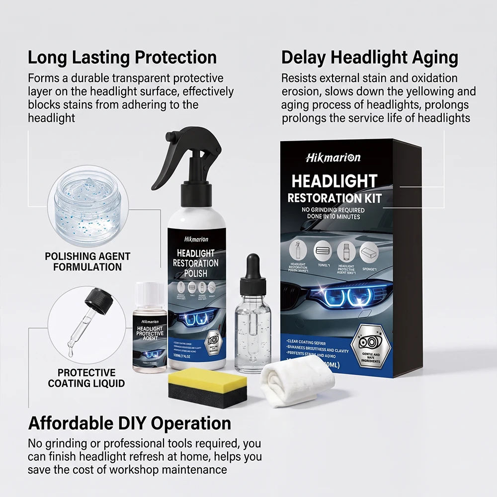 Car Headlight Renewal Polish Kit Remove Oxidation Yellowing Restore Clarity UV Protective Coating