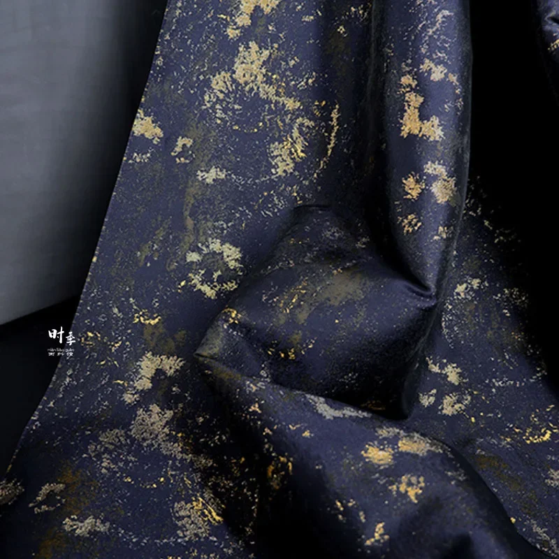 Fireworks Retro Blue Gold Texture Jacquard Fabric High Grade Gilded Dress Hanfu Clothing Designer Fabric