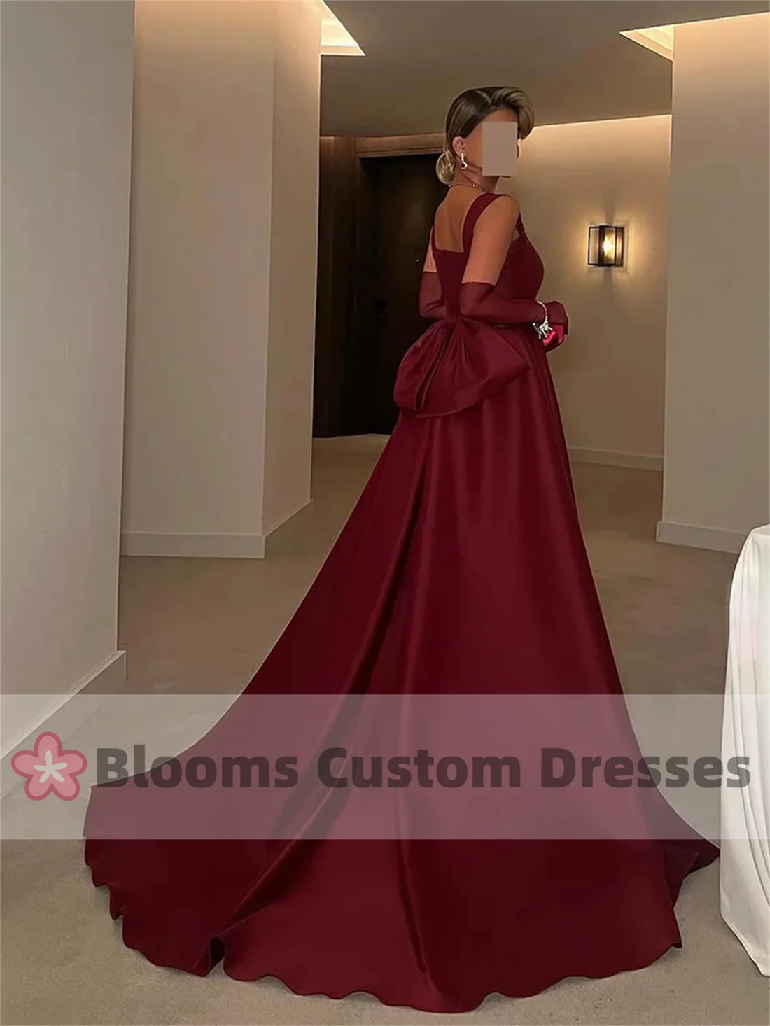 Blooms Elegant Burgundy Customized Prom Dress Square Neck Party Evening Gown Bow Floor Length Saudi Formal Occasion Dress