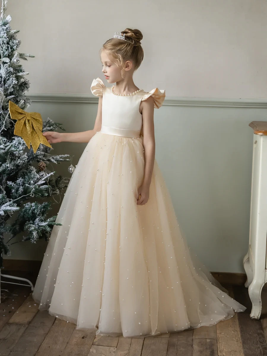 Crew Neck Tulle Flower Girl Dresses With Pearls & Satin Bowknot vestidos de 15 quinceañera 2024 vestido de festa de casamento