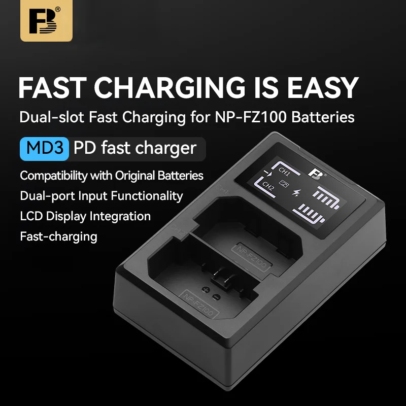 

FB NP-FZ100 Fast Dual USB Charger Compatible with Sony A7R3 A6600 A6700 A7M3 A7R4 A7R5 A7III ZV-E1 FX3 Battery Charger