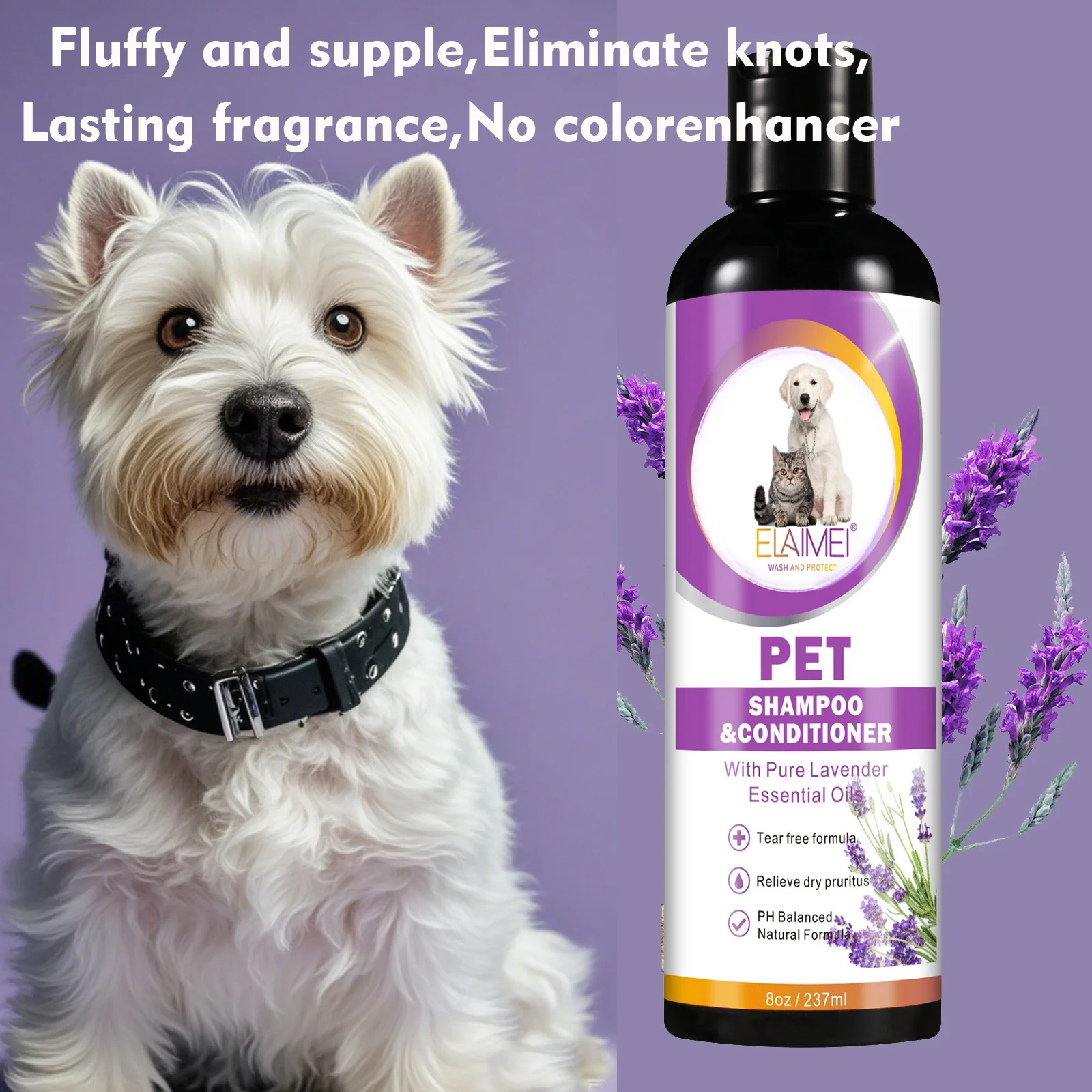 Pet shampoo for dogs, designed to remove stains, care for hair, relieve dryness and itching, eliminate body odor, and nourish th