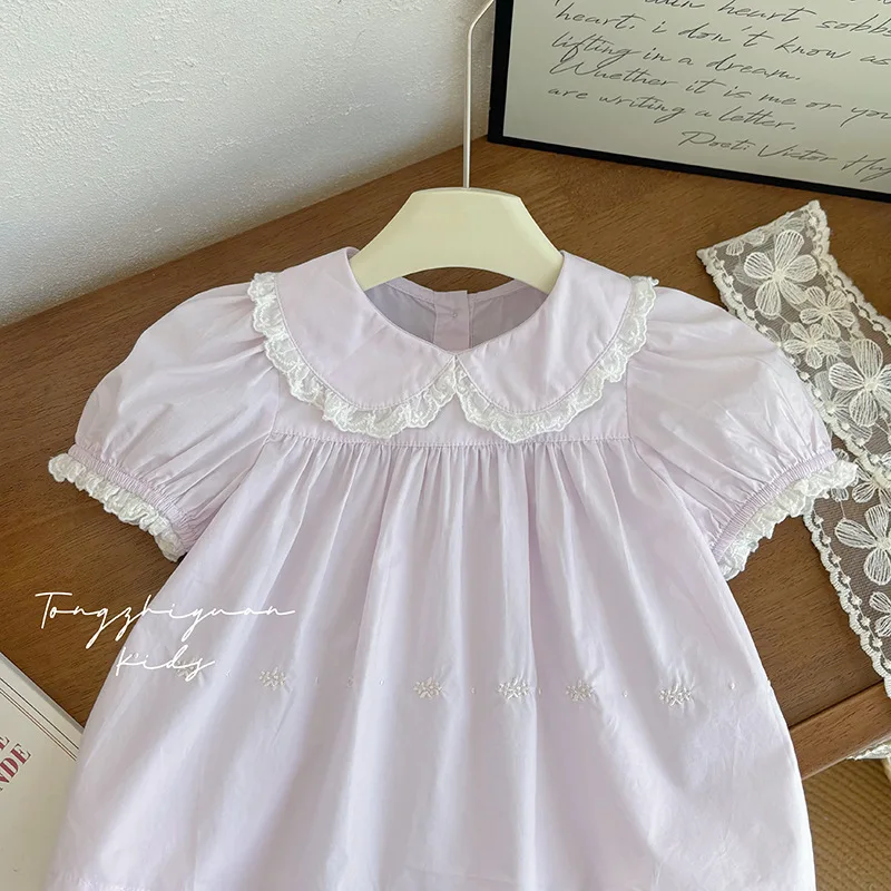 

Girls Summer New Fashionable Doll Collar Light Purple Short Sleeve Shirt Baby Girl Casual Quality Children's Clothing Trendy