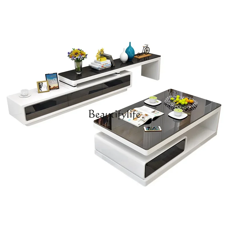 LXCoffee table TV cabinet simple modern small apartment living room telescopic tempered glass paint tea tableSSS