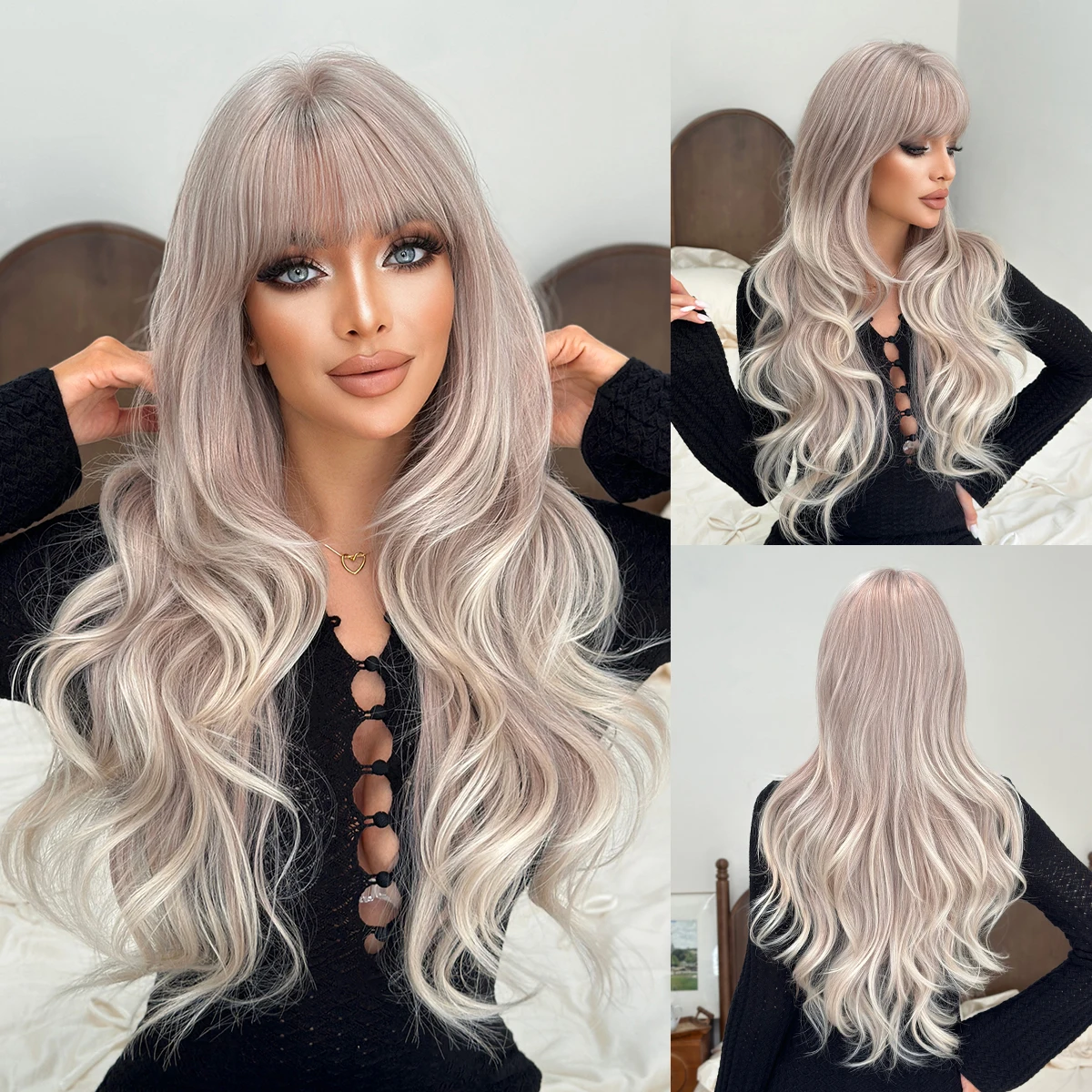 

NAMM Long Wavy Light Pink Wig For Women Elegant Gradient Blonde Wavy Wigs Silk Synthetic Heat-Resistant Fiber For Daily Wear
