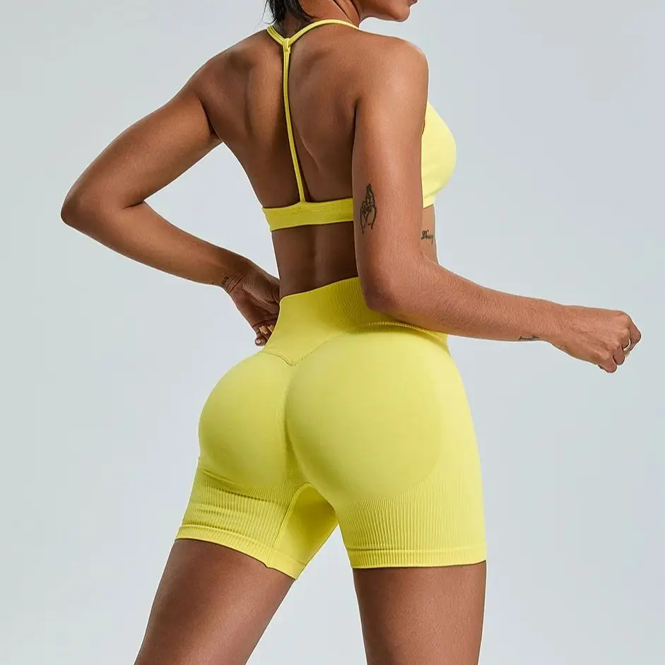 

Women Sports Sets Bras and Shorts Scrunch Gym Striped Tracksuits Running Training Yoga Suits Elastic Tights Sportswear