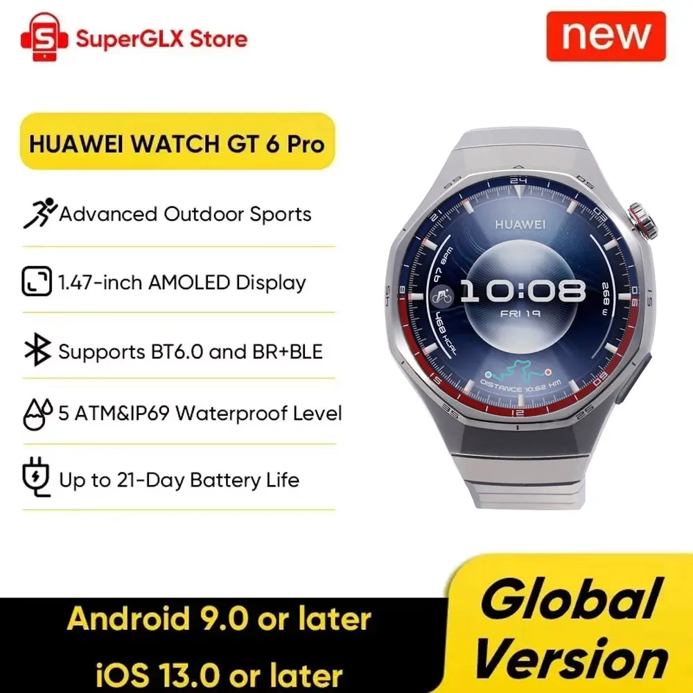 Global Version HUAWEI Watch GT 6 Pro 46mm Smartwatch 1.47" AMOLED Screen GPS Bluetooth call Compatible with iOS & Android NFC