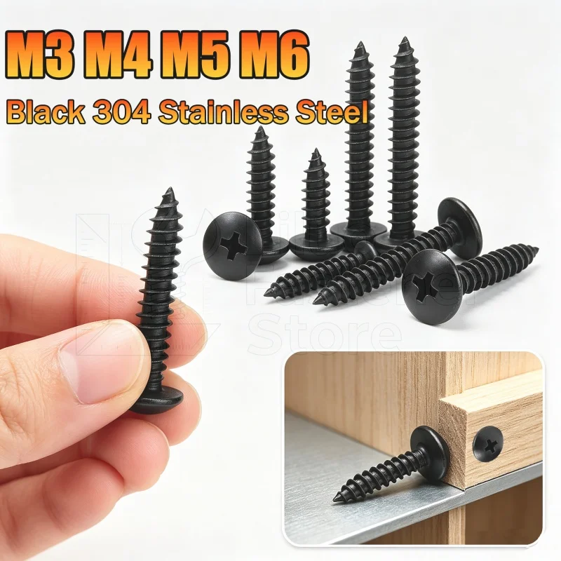 5~100pcs M3 M4 M5 M6 Black 304 Stainless Steel Cross Recessed Large Flat Head Self-Tapping Screws Phillips Truss Head Screw