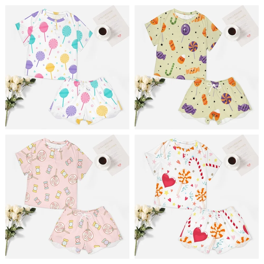 Cute Lollipops Pattern Women's 2-Piece Button Down Short Sleeve Button Front Sleepwear Loungewear PJ Set Summer Home Suit