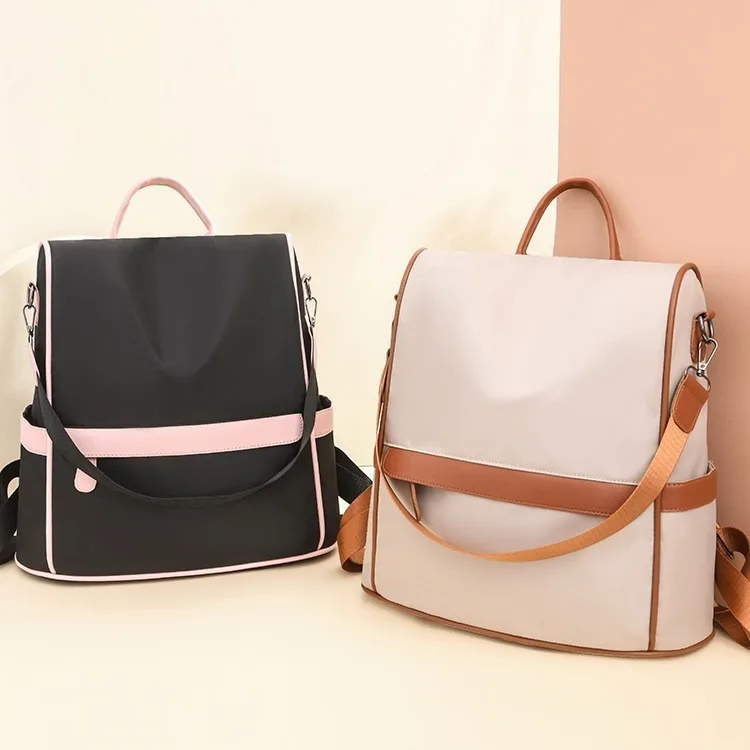 Leather nylon waterproof women's backpack with contrasting colors, large-capacity multi-purpose single-shoulder bag
