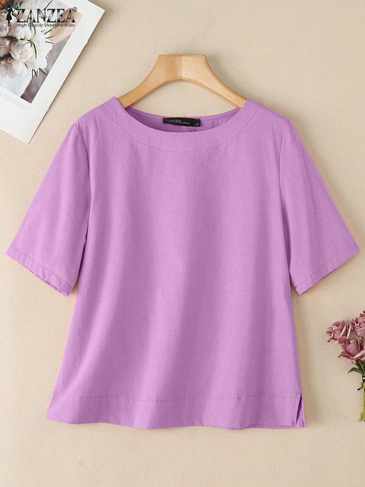 

2025 ZANZEA Summer Casual Short Sleeve Solid Blouse Women Tunic Tops Elegant O Neck Work Shirt Loose Chemise Retro Cotton Blusas