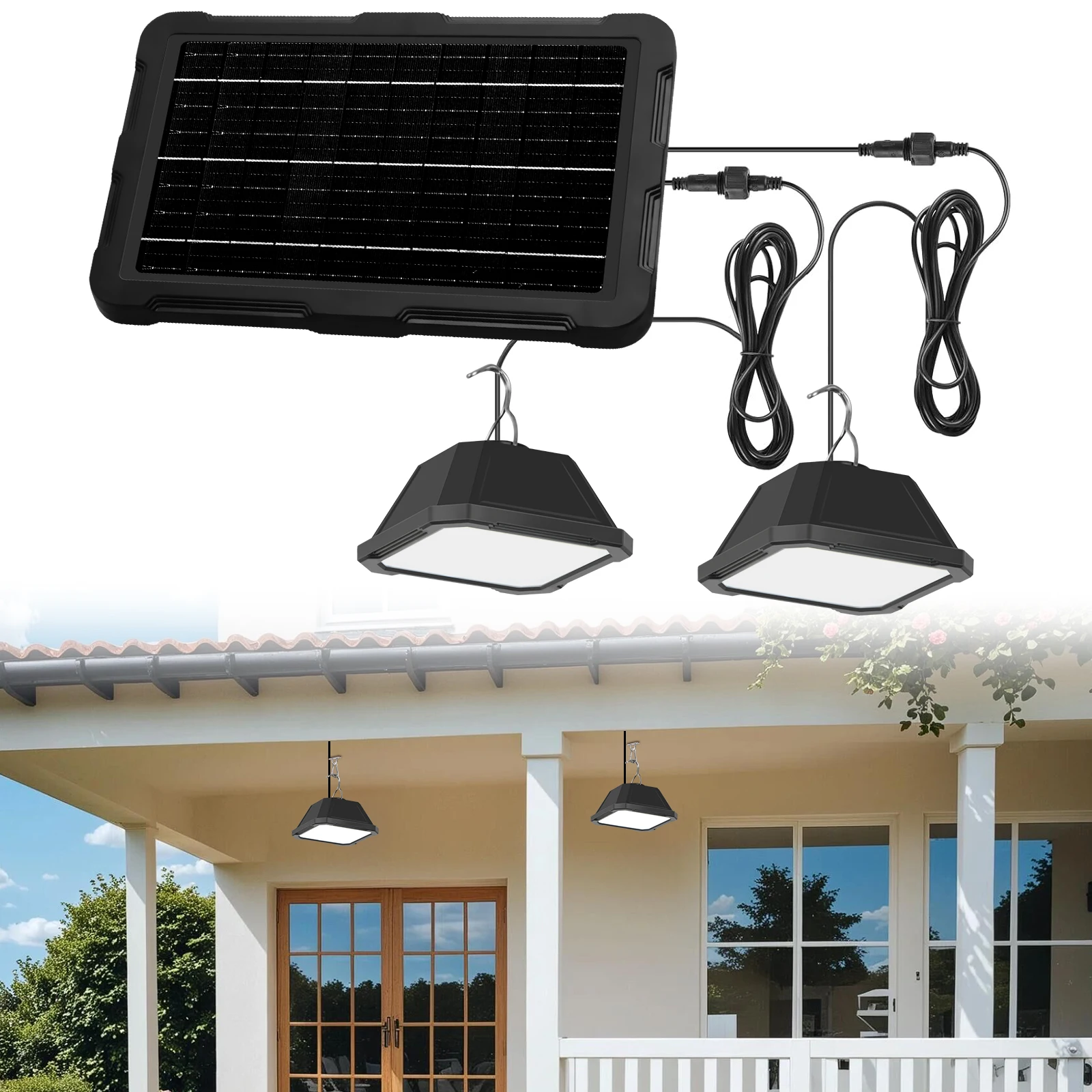 2Head Solar Pendant Light Outdoor Waterproof LED Lamp 6000mah Chandelier Decorations With USB Charging for Indoor Shed Barn Room