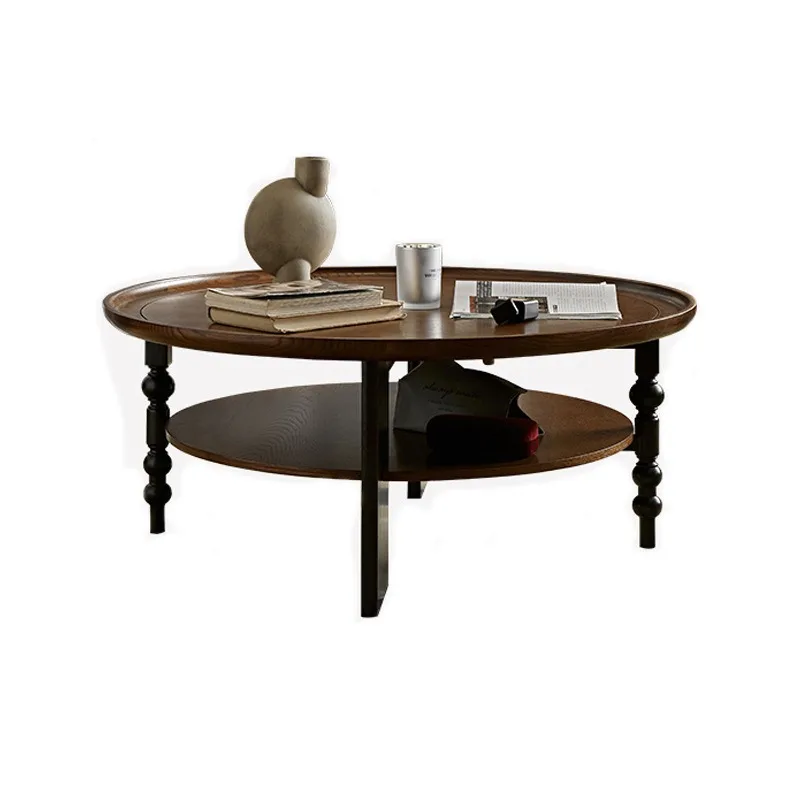 Retro solid wood round coffee table living room home tea table multi-functional small coffee table