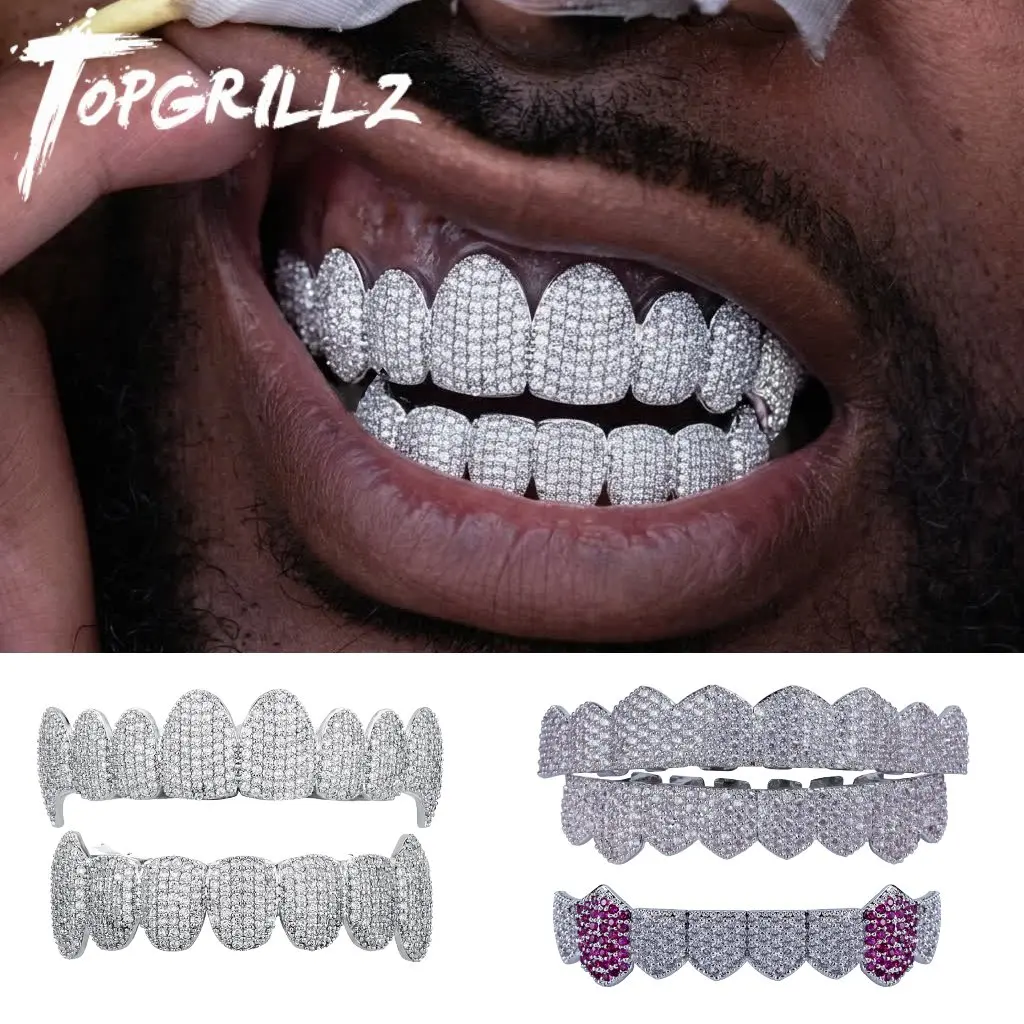 TOPGRILLZ 3 Styles Hip Hop Grillz Full CZ Fang Wavy Pink Accent Grills Set Iced Out 8 Teeth Halloween Jewelry Men Women