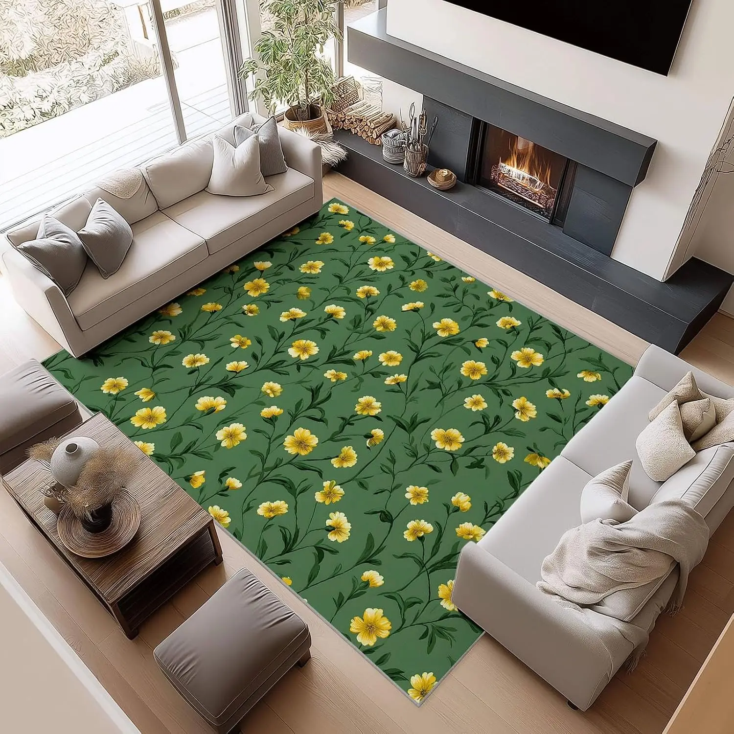 Extra Large Green William Morris Floral Area Rug Washable Non Slip Stain Resistant Carpet for Game Room Entryway Home Decor