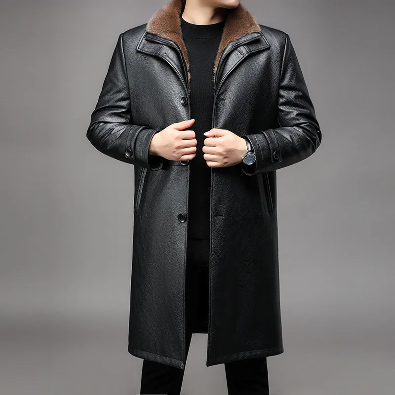 

Business Men's Long Leather Overcoat Casual Collar Leather Coat Men