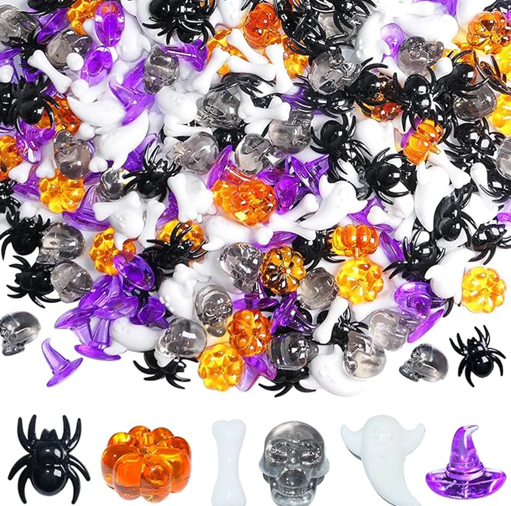 50pcs Halloween Mixed Acrylic Beads Spider Pumpkin Ghost Skull Charms for DIY Bracelet Earring Home Party Decor Craft
