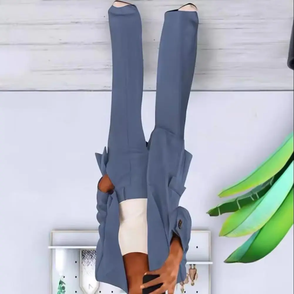 

2 Pcs/Set Lady Formal Coat Pants Set Long Sleeves Slim Fit Lapel Cardigan Mid Length Jacket High Waist Wide Leg Trousers Formal