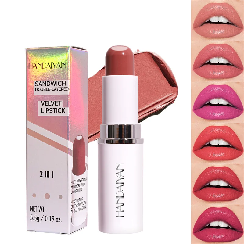 HANDAIYAN 2 In1 Matte Lipstick Moisturizing Lip Balm 8 Colors Sandwich Lipstick Waterproof Long Lasting Non-stick Cup Lip Stick