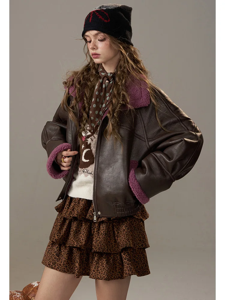 Elfsa レディース フェイクファー ジャケット ブラウニー スレ ウィンター コート インテイテッド レザー アンド ファー アウター カジュアル フリップカラー ジッパー