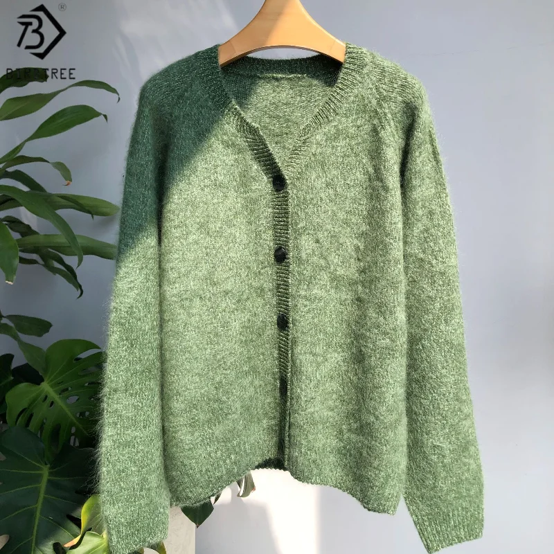 

Birdtree 95% Sheep Wool 5% Cashmere Knited Fluffing Cardigan,Woman V-neck Full Sleeve Coat,Autumn Single Breasted Tops T59705JF