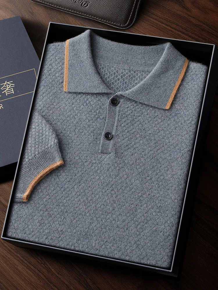 Men Polo Collar Pullover 100% Cashmere T-shirt Short Sleeve Spring Summer Smart Casual Sweater Honeycomb Jacquard Soft Knitwear