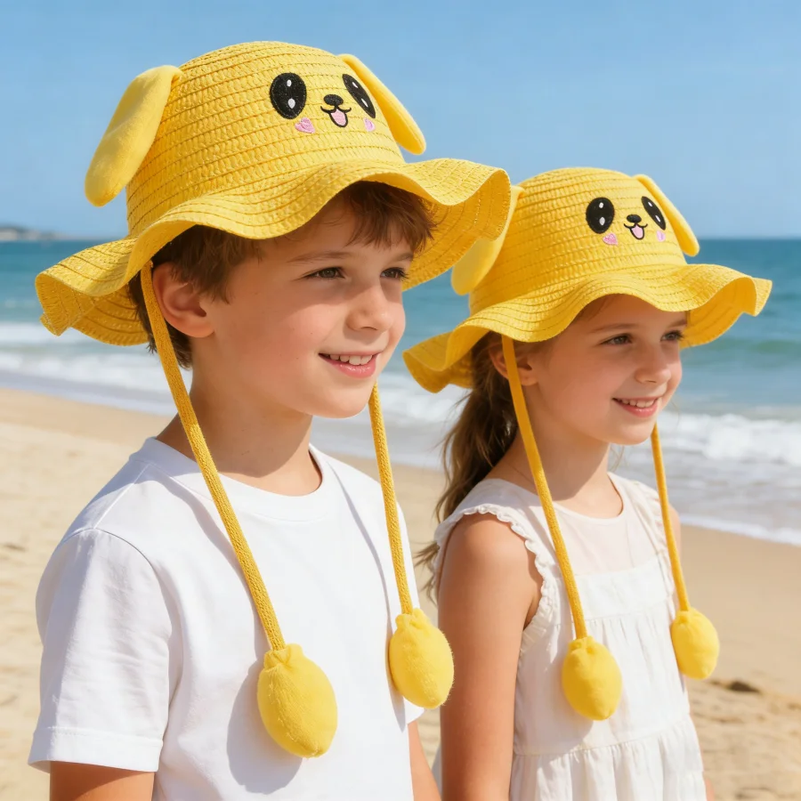 Suitable for Children Aged 2-8, the Rabbit Straw Hat That Moves When You Pinch the Ears Is a Cute Cartoon Sun Protection Hat for Boys and Girls, Breathable Sunshade Bucket Hat for Outings