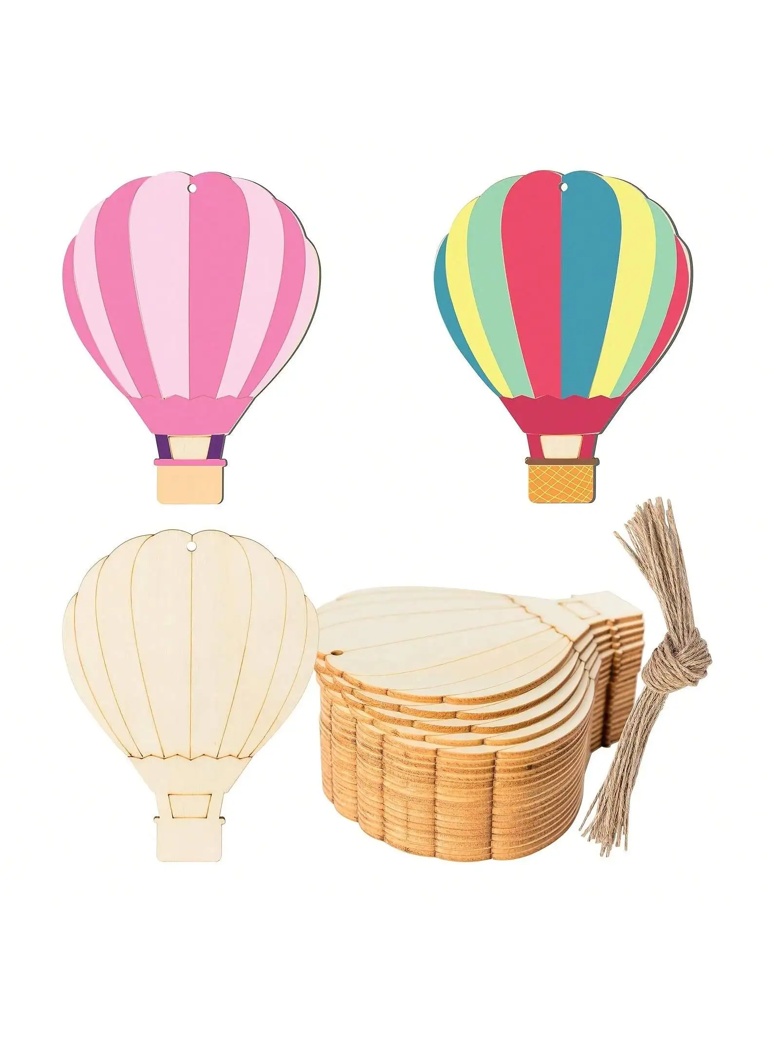 

10/20/40/80pcs DIY Wooden Hot Air Balloon Crafts - with Hemp Rope Unfinished paper cutouts, suitable for painting and doodles, g
