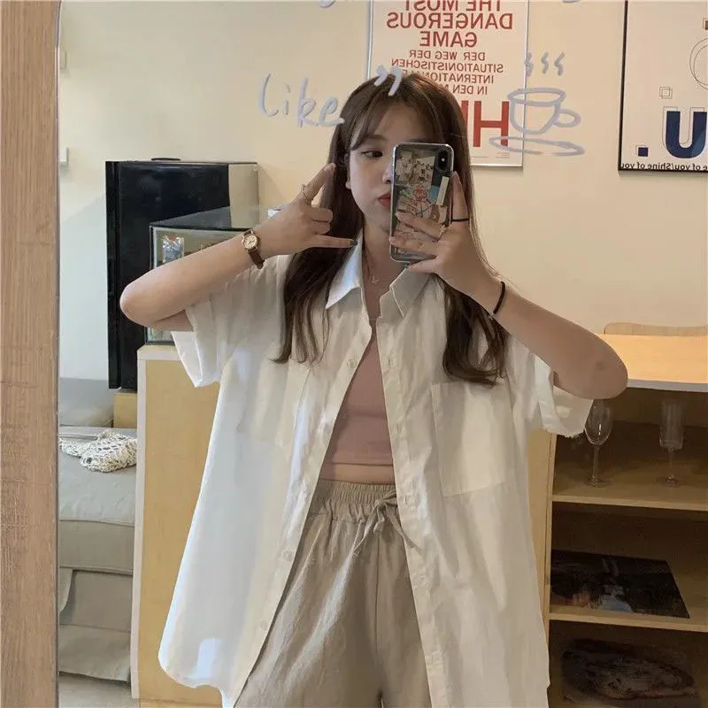 Lucyever Summer White Shirt Women Harajuku Loose Students Short Sleeve Shirts Woman Casual All-Match Buttons Up Lapel Blouse