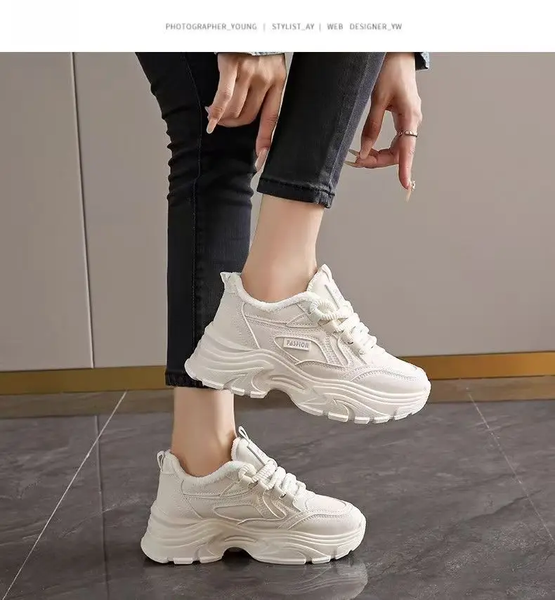 Fleece-Gefütterte Damen-Winterstiefel mit Dicker Sohle Erhöhte Casual Dad Schuhe Trendige Weiße Sport-Freizeitschuhe aus Baumwolle – Detail 18